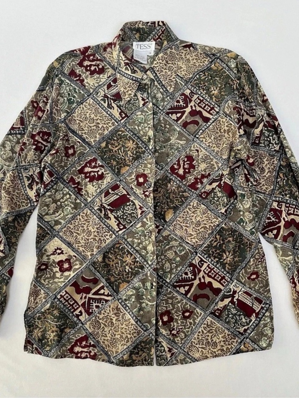 Vintage TESS Woman’s SILK Blouse Geometric Eco Fall Vibes Button-Up Shirt Size M
